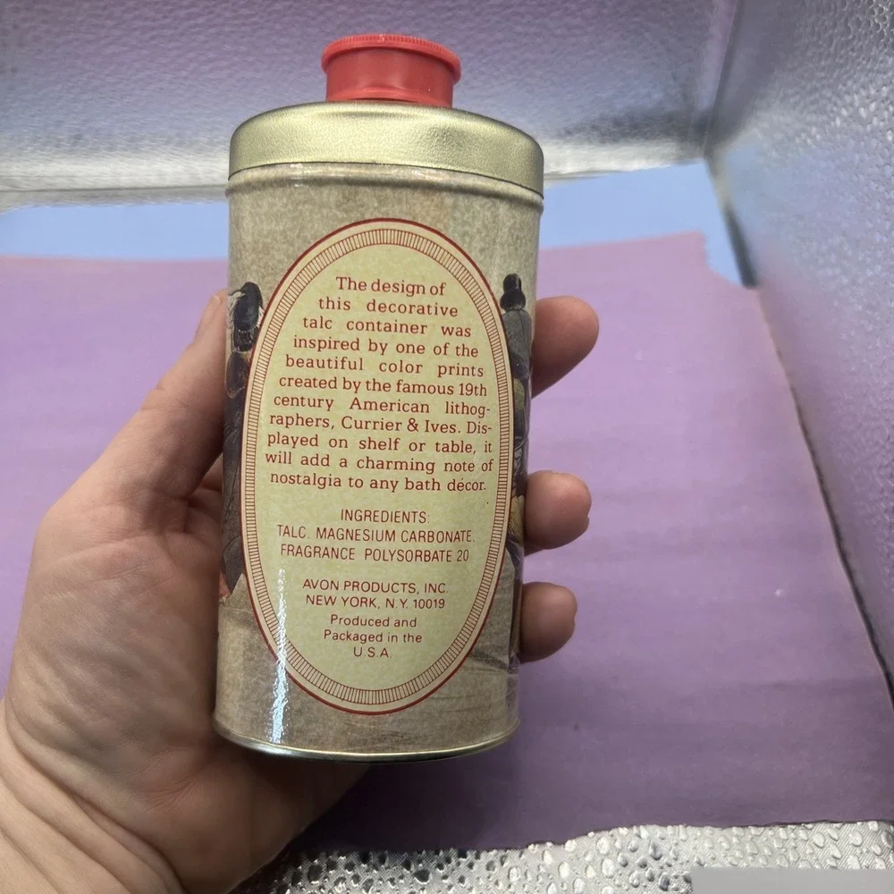 Vintage 1970's Avon perfumed Talc Tin In Ariane scent Bottle Lady Skater 3.75 Oz